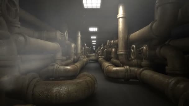 Interior de la fábrica. Industrial subterráneo oscuro y túnel de horror con sistema de tuberías de edad. Loop animación 3d . — Vídeos de Stock