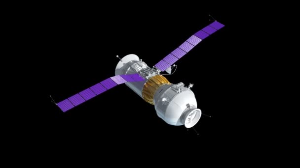 Space station rotation at 360 degrees on black background. Spaceship have satellite antenna for communication and transfer information. Technology and science 3d animation. — 图库视频影像