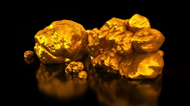 Minería de oro. Oro nativo. Nuggets dorados sobre fondo negro. Animación 3d de negocios — Vídeo de stock