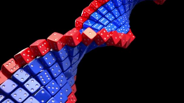 Fantasy DNA spiral made  of game dices on black background. Virus change and modification genetic code in process of evolution . Loopable science 3d animation — Stockvideo