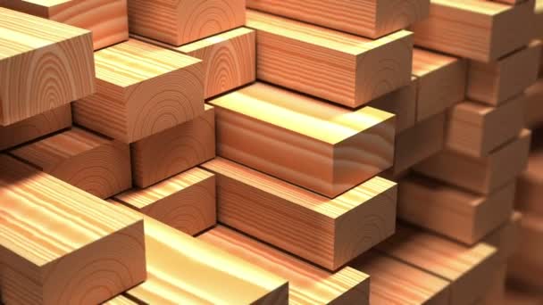 Oggetti dell'industria del legno. Travi o assi di legno finiti in un magazzino. Animazione al rallentatore e loop 3d . — Video Stock