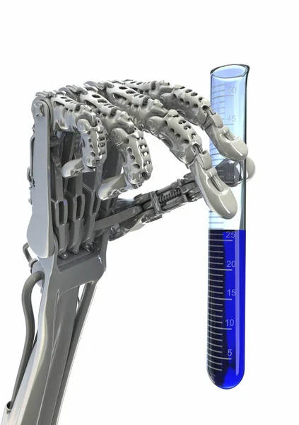 Robot researcher. Robotic arm keeps a chemical beaker. HighTechnology 3d illustration — Stock Photo, Image