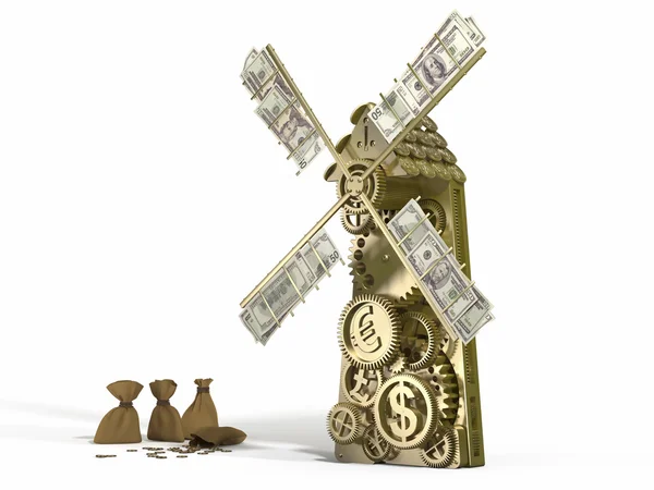 Golden mill  doing gold money and different currency - Dollar, Euro, Yen — Stock Photo, Image