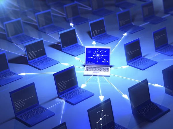Angeschlossene Laptops auf blauem reflektierendem Hintergrund. — Stockfoto