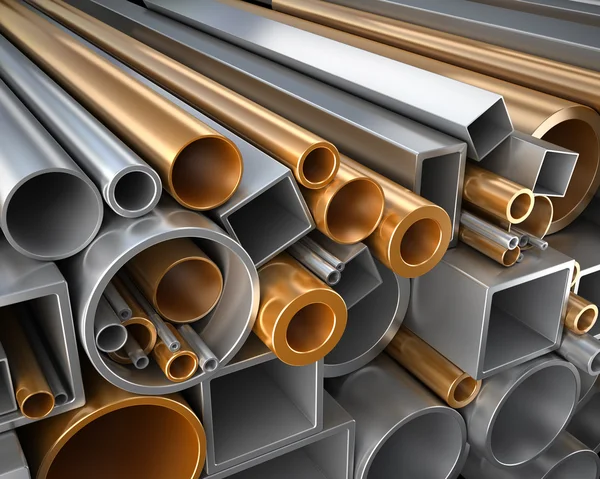 Rectangular, round and square Tube and pipe made of steel and copper — Stock Photo, Image