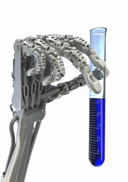 Ricercatore di robot. Il braccio robotico tiene un becher chimico. Illustrazione 3d ad alta tecnologia Immagine Stock