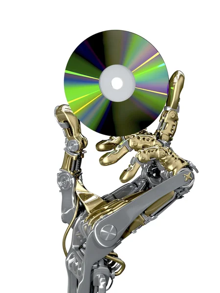 Il braccio robotico ha un CD. Illustrazione 3d ad alta tecnologia Foto Stock Royalty Free
