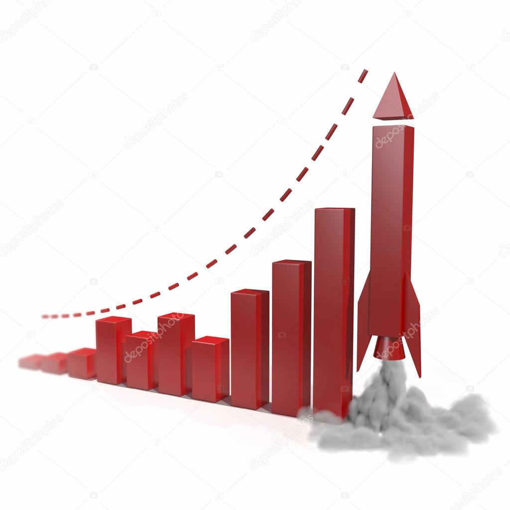 Business chart with a rocket going up. Concept 3d illustration