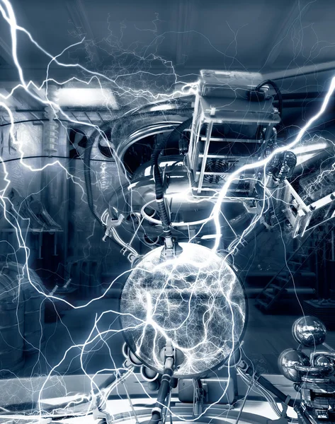 Fantastik bilim laboratuarı. Elektrik enerjisi ile denemeler yapın. illüstrasyon.