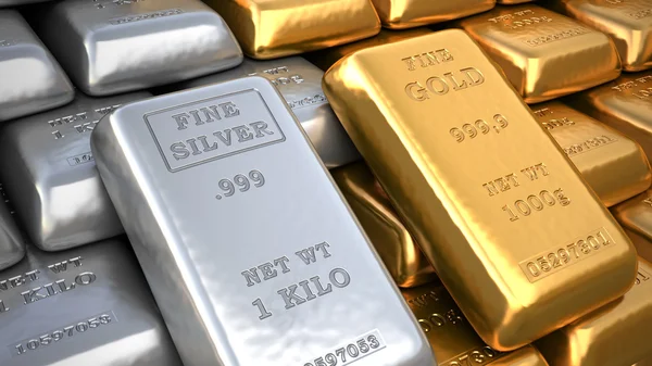 Silver ingot and  gold bullion. Finance illustration — Stock Photo, Image