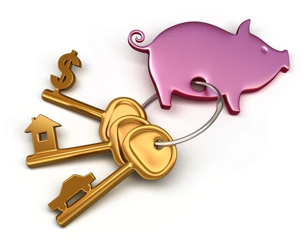 Piggy bank - keychain and different keys. Key to the house, car and money. Conceptual finance illustration — Stock Photo, Image