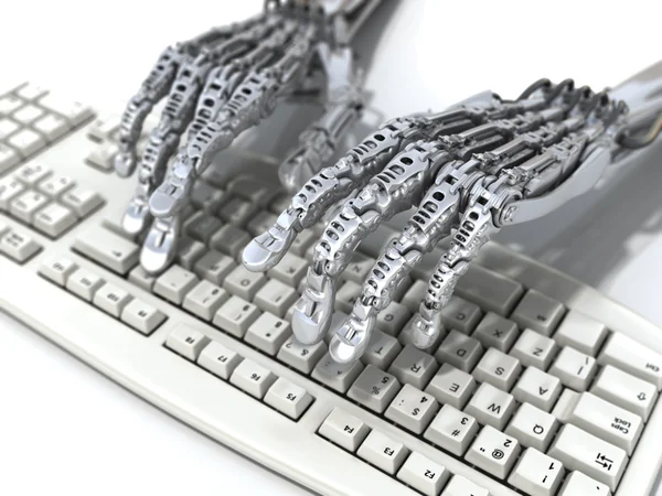 Robot works at keyboard. Futuristic 3d illustration — Stock Photo, Image