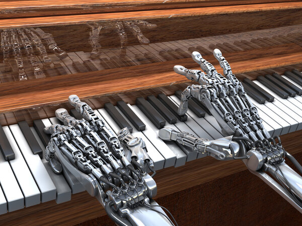 Robot plays the piano.  High Technology 3d illustration