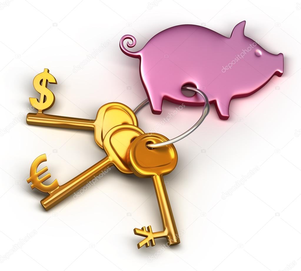 Piggy bank - keychain and different money keys. Key to the dollar, euro and Yen
