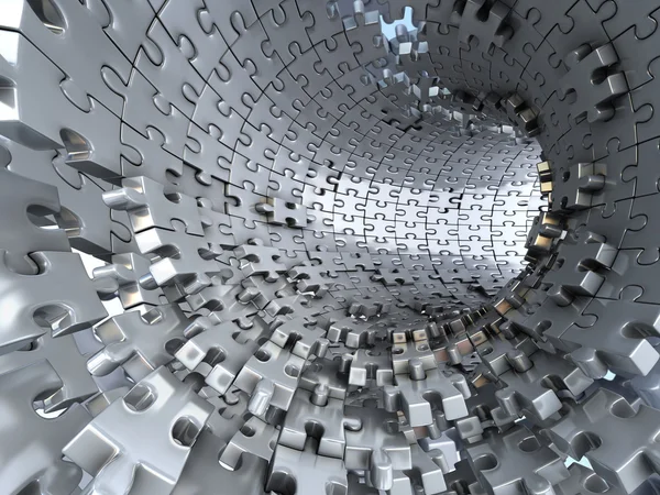 Tunnel made of metallic puzzles.  Conceptual 3d illustration, — Stock Photo, Image