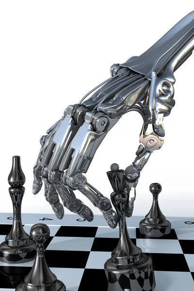 Robot veya cyborg bir satranç oynar. Yüksek teknoloji illüstrasyon