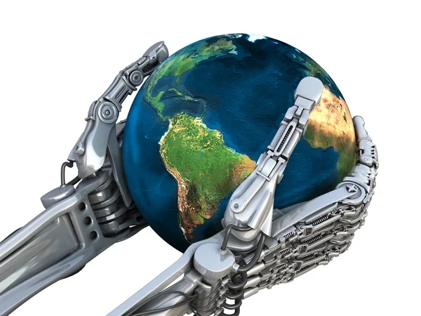 Robot holding the Earth globe. Planet in hands at high technology. Concept — Stock Photo, Image