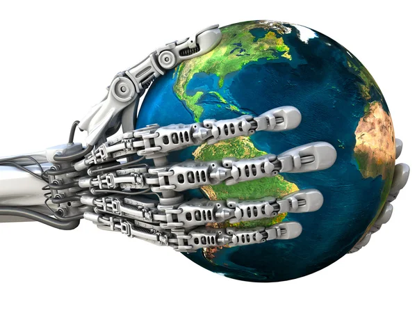 Robot drží zemi světa. Planeta v rukou na špičkové technologie. Koncepce — Stock fotografie