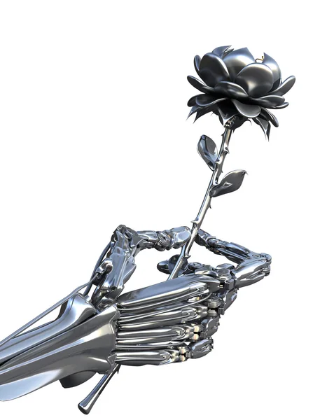 Robot holding metalik çiçek. Yapay zeka ve insani duygular.