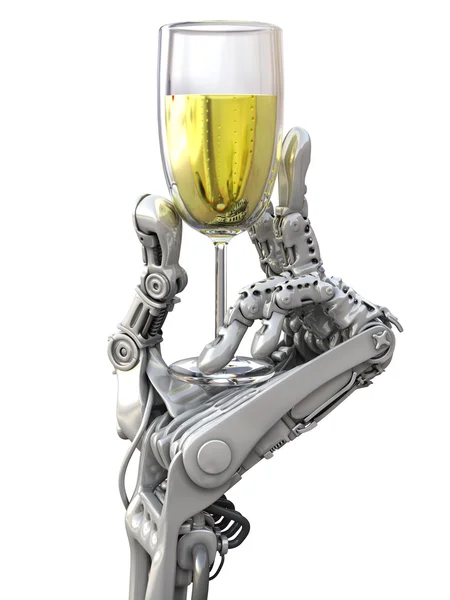 Roboter hält ein Glas Wein in der Hand. Illustration zur Urlaubstechnologie lizenzfreie Stockbilder