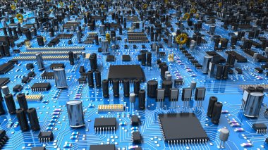 Fantasy circuit board or mainboard with microcircuits and processors. Technology  illustration