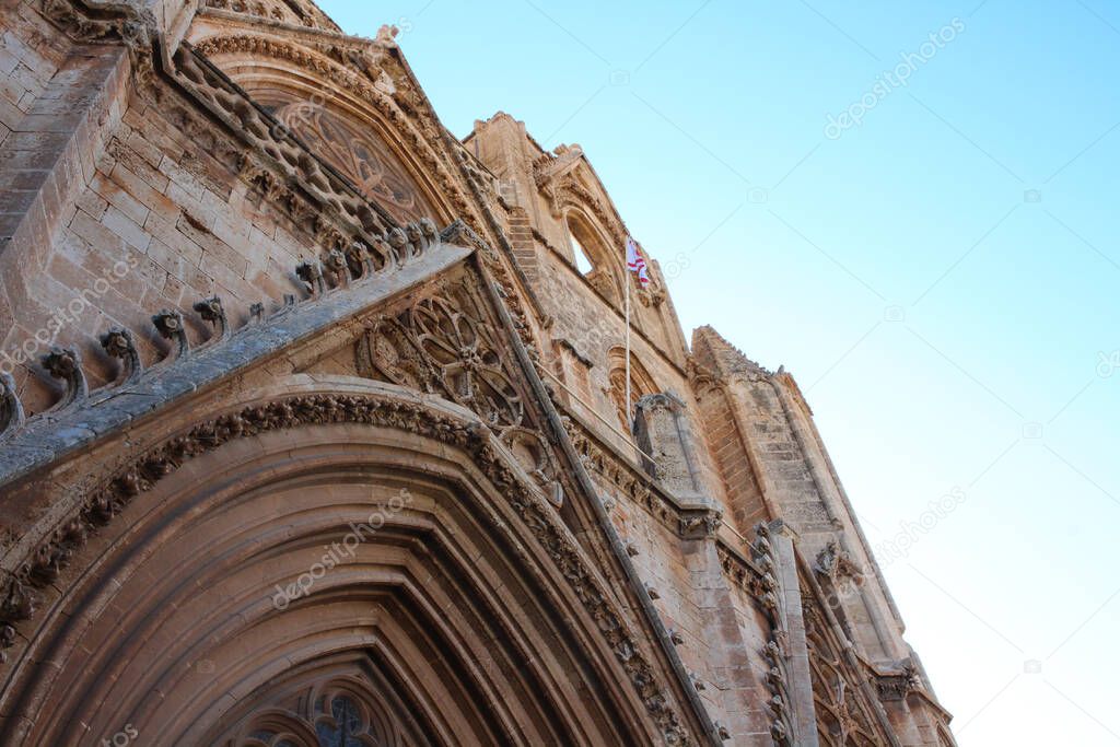 Fragment of the main entrance to the Lala Mustafa Pasha Mosque (former St. Nicholas Cathedral). Famagusta. Cyprus.