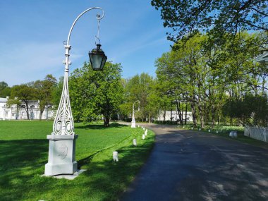 Ağaçlar, köşkler ve fenerler arasında ıssız bir yol sabah St. Petersburg 'daki Elagin Adası' ndaki bir parkta..