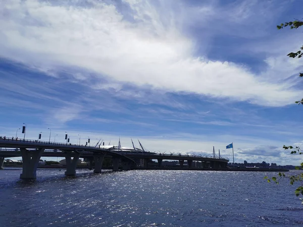 Vista Desde Parque Del Golfo Finlandia Gazprom Arena Puente Carretera —  Fotos de Stock