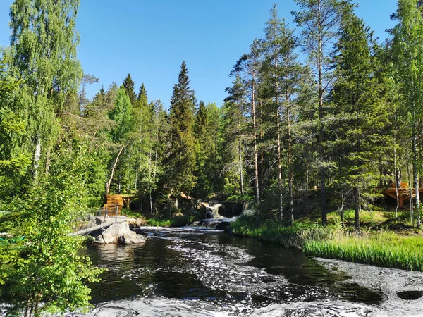 Egy Festői Vízesés Tokhmayoki Folyón Kareliában Fákkal Körülvéve Egy Tiszta — Stock Fotó