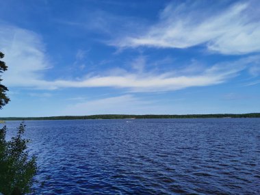 Vyborg Körfezi kıyılarının manzarası açık bir yaz gününde Vyborg şehrinin kayalık doğal parkından Monrepos..