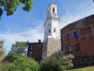 Eski bir saat kulesi, eski bir çan kulesi, açık bir yaz gününde Vyborg şehrindeki yerleşim yerlerinin arasında duruyor..