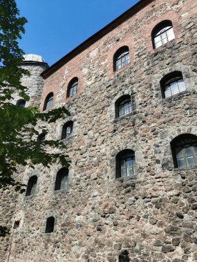 Vyborg şehrindeki Vyborg kalesinin dış duvarına karşı mavi gökyüzü ve ağaç dalları..