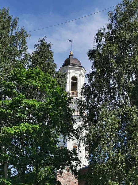 Viejo Reloj Torre Antiguo Campanario Entre Los Árboles Ciudad Vyborg —  Fotos de Stock