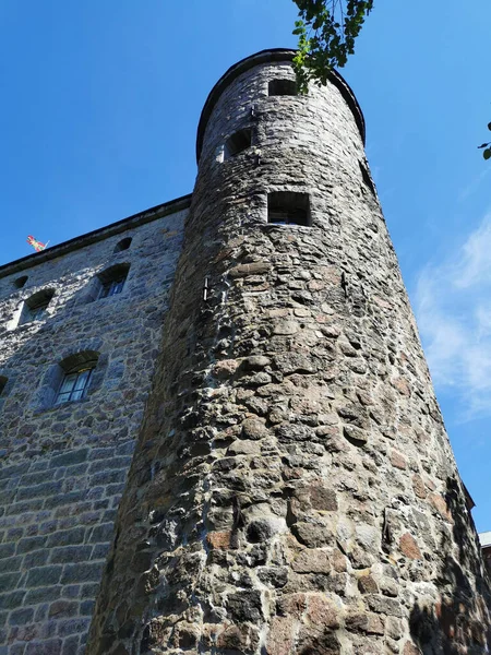 外の石壁と青い空と木の枝を背景にヴィボルグ市のヴィボルグ城の塔 — ストック写真