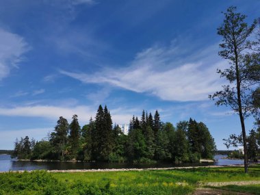 Vyborg Körfezi kıyısından adaya Monrepos kayalıklarında bir şapel olan Vyborg şehrinin doğal parkı açık bir yaz günüdür.