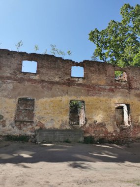 Vyborg Katedrali 'nin yıkılmış duvarları mavi gökyüzüne karşı..