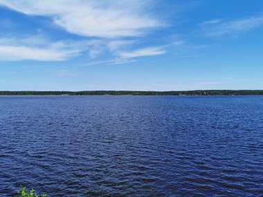 Vyborg Körfezi kıyılarının manzarası açık bir yaz gününde Vyborg şehrinin kayalık doğal parkından Monrepos..
