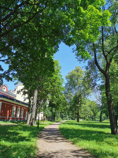 Caminho Lado Belo Edifício Antigo Jardim Verão Kronstadt Contra Fundo — Fotografia de Stock