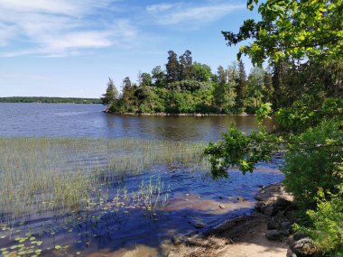 Vyborg Körfezi kıyısından adaya Monrepos kayalıklarında bir şapel olan Vyborg şehrinin doğal parkı açık bir yaz günüdür..