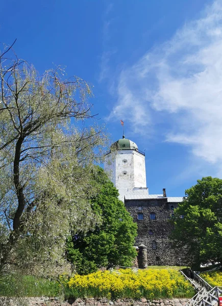 Entrada Castillo Vyborg Torre Olaf Más Allá Las Flores Árboles —  Fotos de Stock