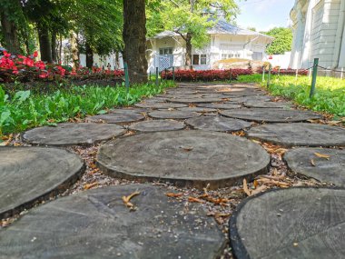 Çadırların arasındaki parkta güneşli bir yaz gününde yuvarlak kesim ağaçlarıyla kaplı bir patika..