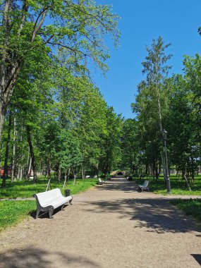 Kronstadt şehrinin Yaz Bahçesi 'ndeki mağaraya giden beyaz banklı yol mavi bulutsuz bir gökyüzünün arka planına karşı..