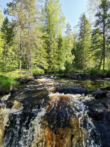 Utsikt Över Akhvenkoski Vattenfall Tokhmayoki Floden Karelen Från Gångbron Passerar — Stockfoto