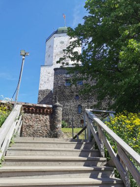 Vyborg Kalesi ve St. Olaf Kulesi 'nin girişi, Vyborg şehrindeki sarı çiçek ve ağaçları geçince mavi gökyüzüne karşı..