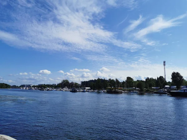 Vue Des Yachts Large Île Krestovsky Contre Ciel Bleu Avec — Photo