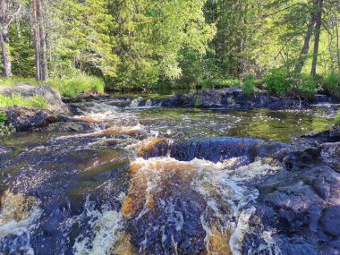 Karelia 'daki Tokhmayoki Nehri' ndeki Akhvenkoski şelalesinin üzerinden geçen yaya köprüsünün manzarası.