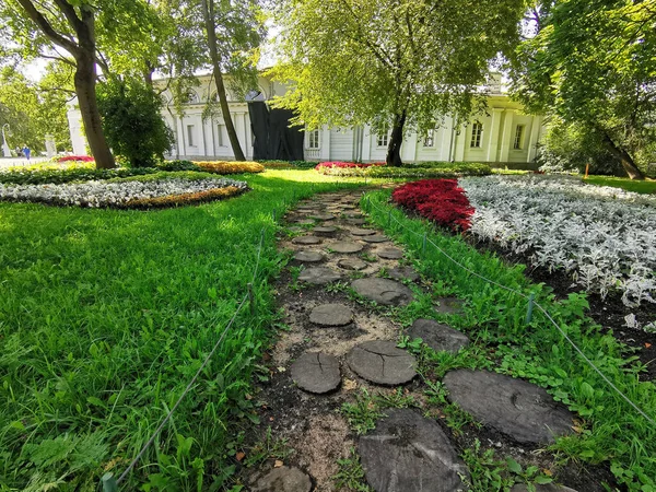Дорога Парке Между Клумбами Колеем Растениями Серебряными Листьями Выложенными Круглыми — стоковое фото