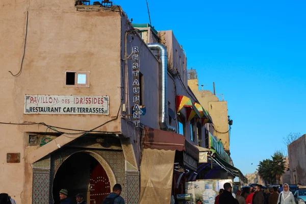 Meknes Moroco Rua Meknes Com Casas Antigas Restaurante Mosaicos Muita — Fotografia de Stock