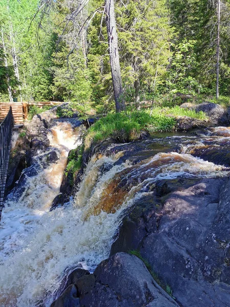 Seitenansicht Des Ahvenkoski Wasserfalls Tokhmayoki Fluss Karelien Einem Klaren Sommermorgen — Stockfoto