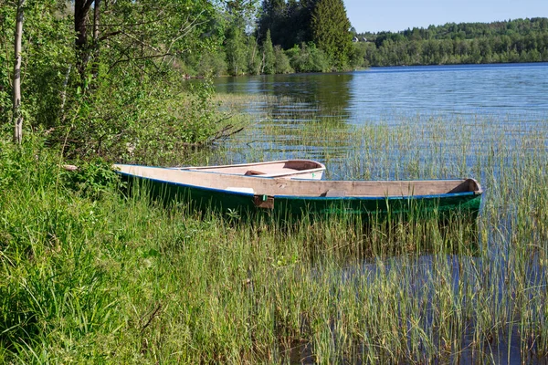 Güzel bir orman gölünün kıyısında duran iki alçak tekne..
